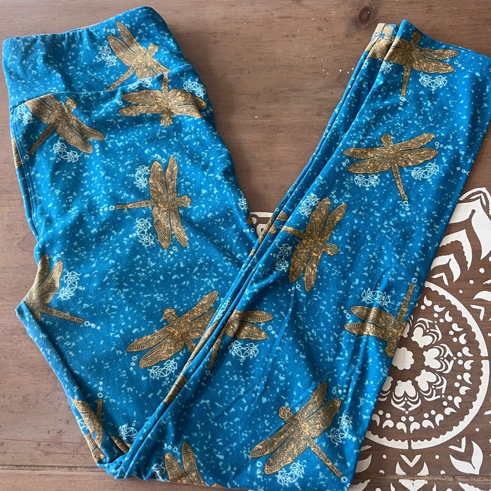 Women’s OS Lularoe Blue and Gold Dragonfly Leggings